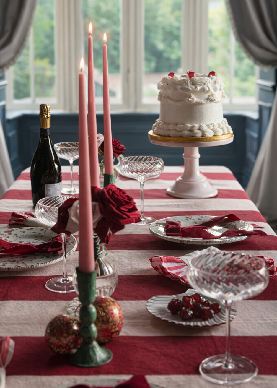Dining table set for a celebration with a lambeth style cake, tapered pink candles, red roses, champagne bottle, and champagne glasses