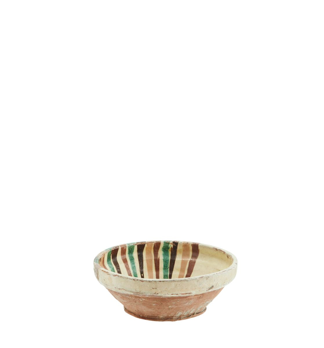 Side view of handpainted clay bowl