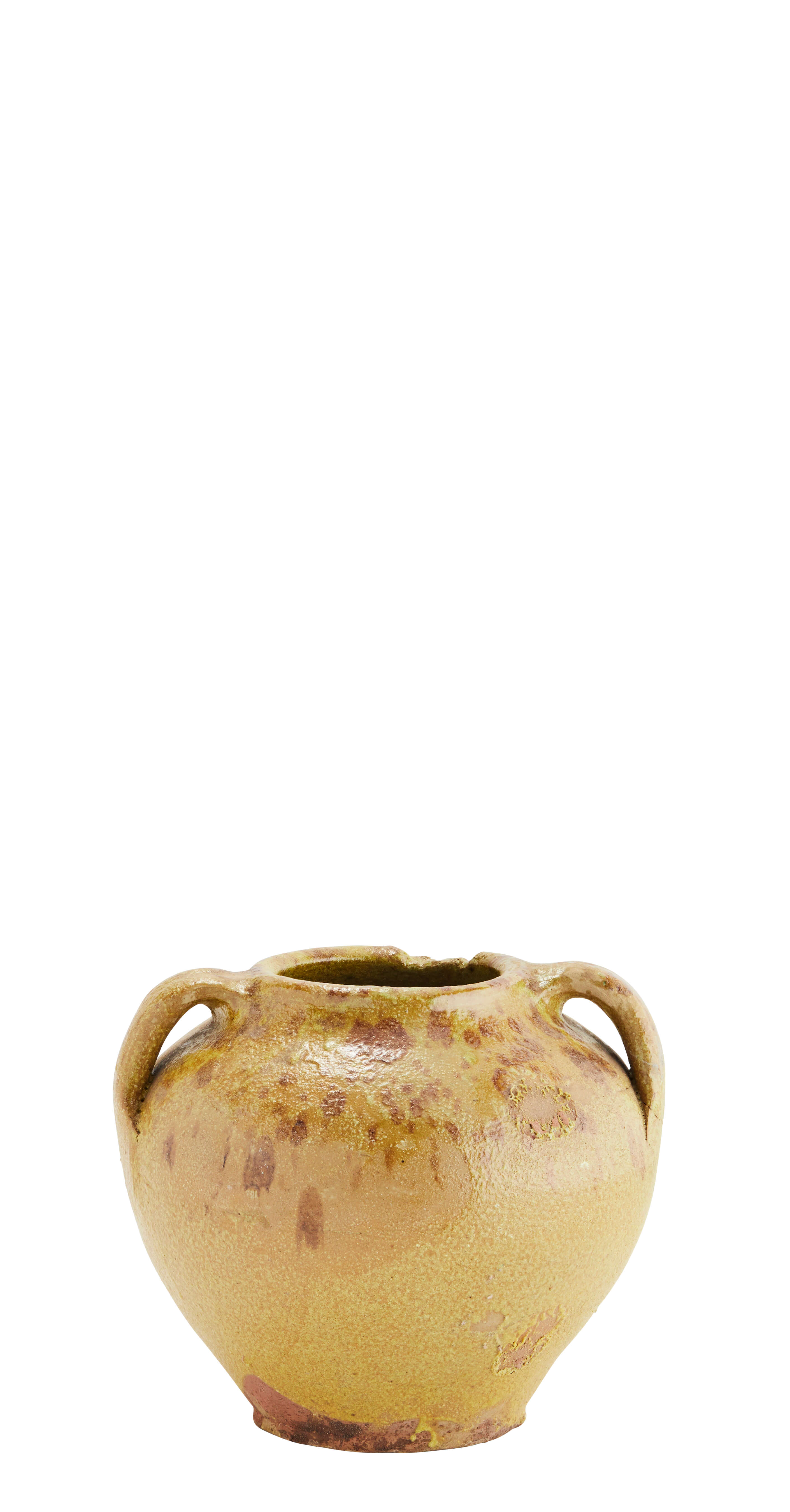 Vintage stoneware vessel in ochre brown tones on white background