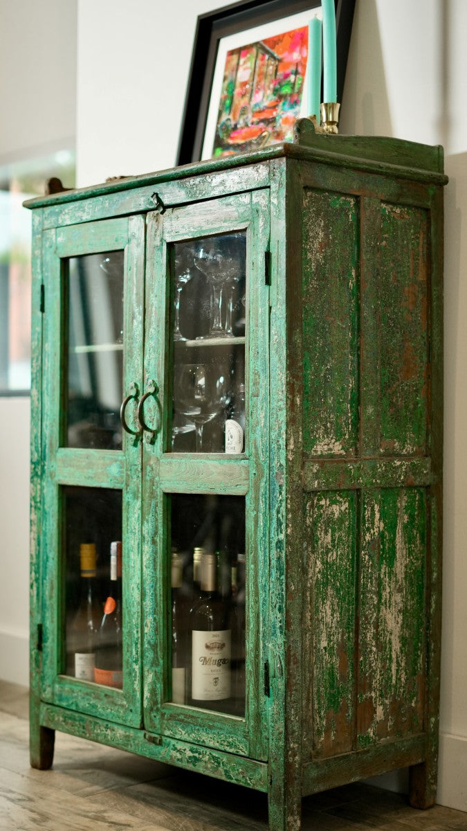 Vintage Indian Turquoise Painted Cabinet