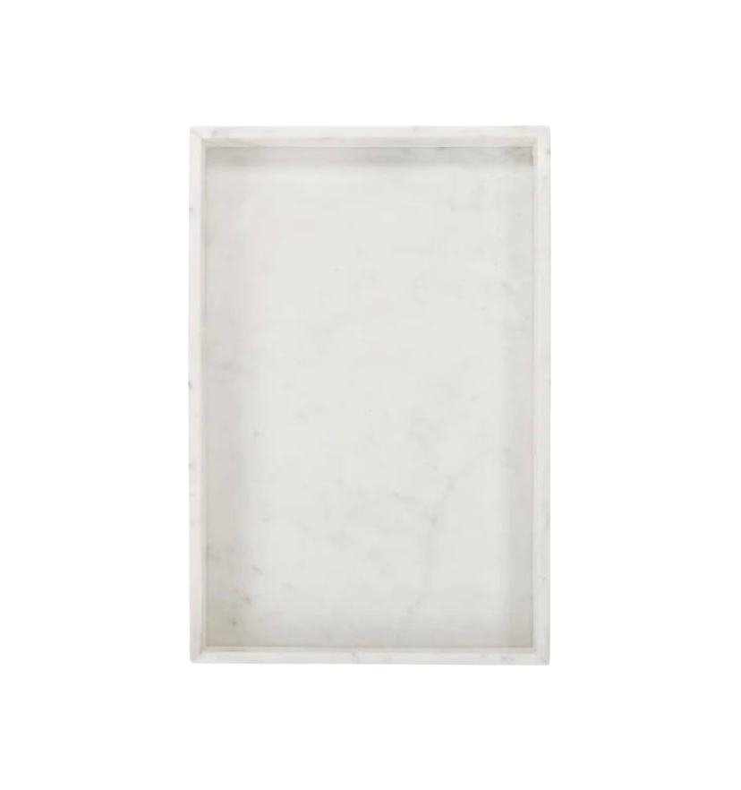 A white marble rectangular tray on transparent background