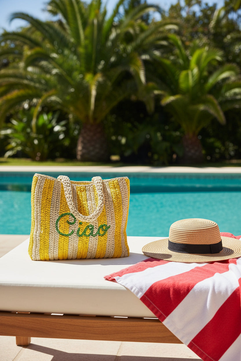 Yellow straw beach bag with green embroidery