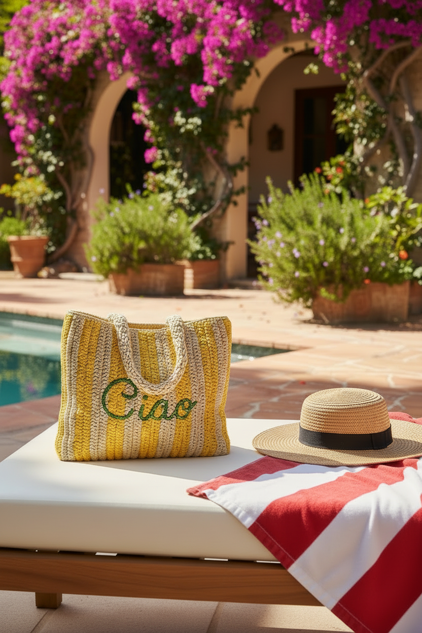 Yellow and white striped bag with 'Ciao' text on a lounge chair by a poolside with flowers and plants.