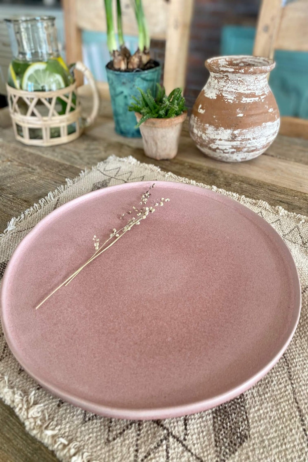 matte pink stoneware plate