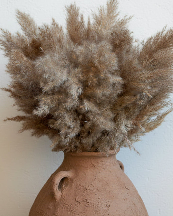 A bunch of dried reed grass stems bundled together in an old clay vessel