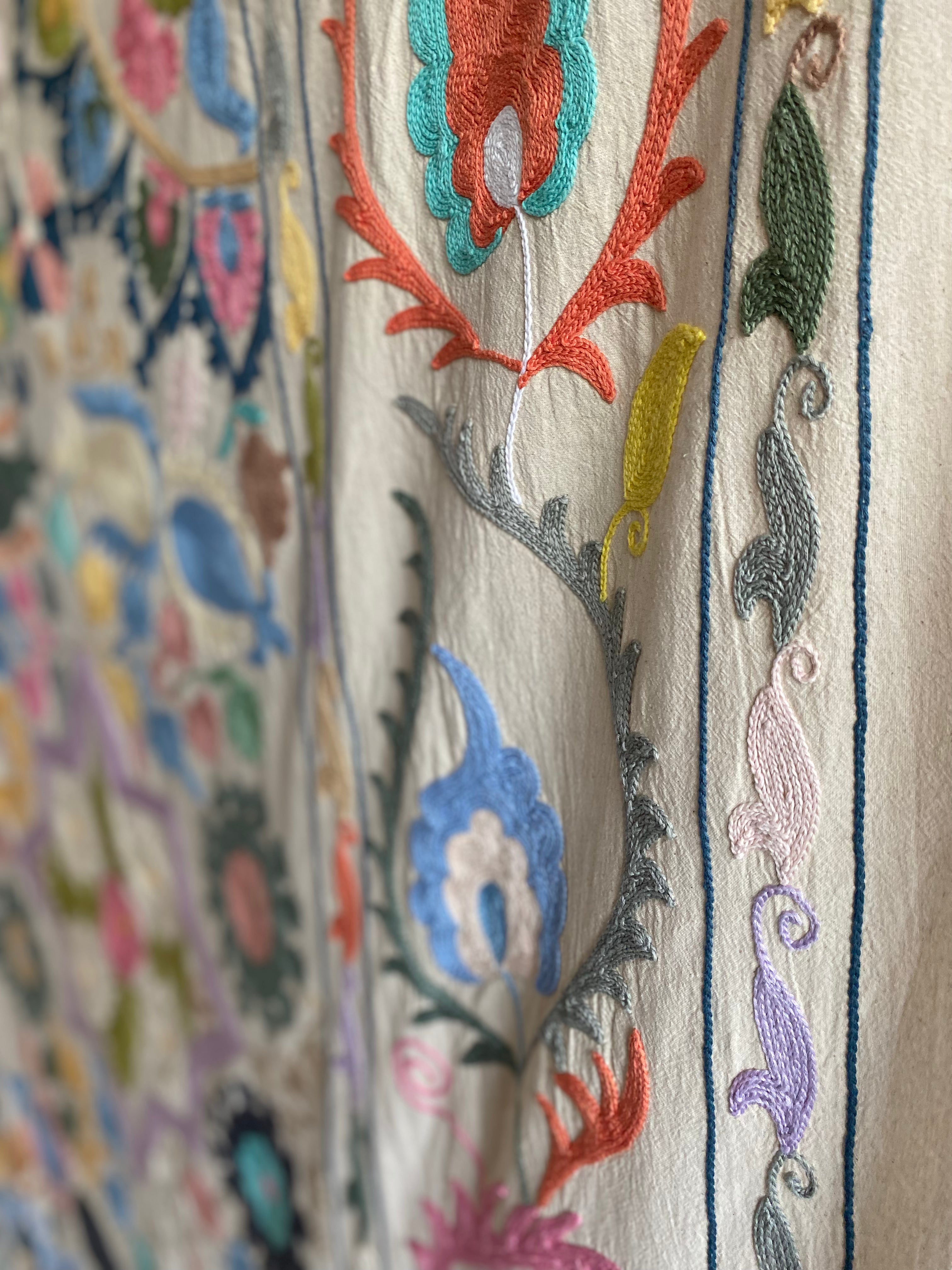 Detail shot of intricate embroidery of Suzani textile from India