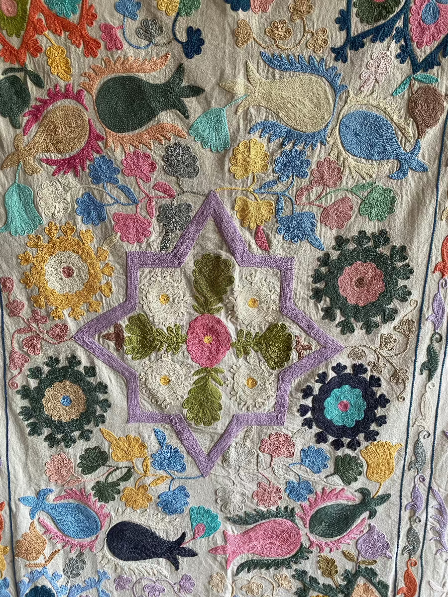 Detail shot of intricate embroidery of Suzani textile from India