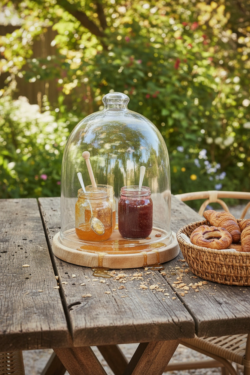 Glass cover with wooden base with glass jam jars inside on an outdoor table with a basket of pastries