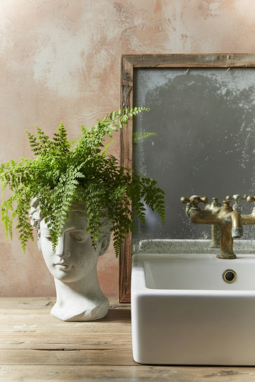 Cement head pot with a green fern plant next to sink with tarnished brass taps and antique mirror on a wooden surface.