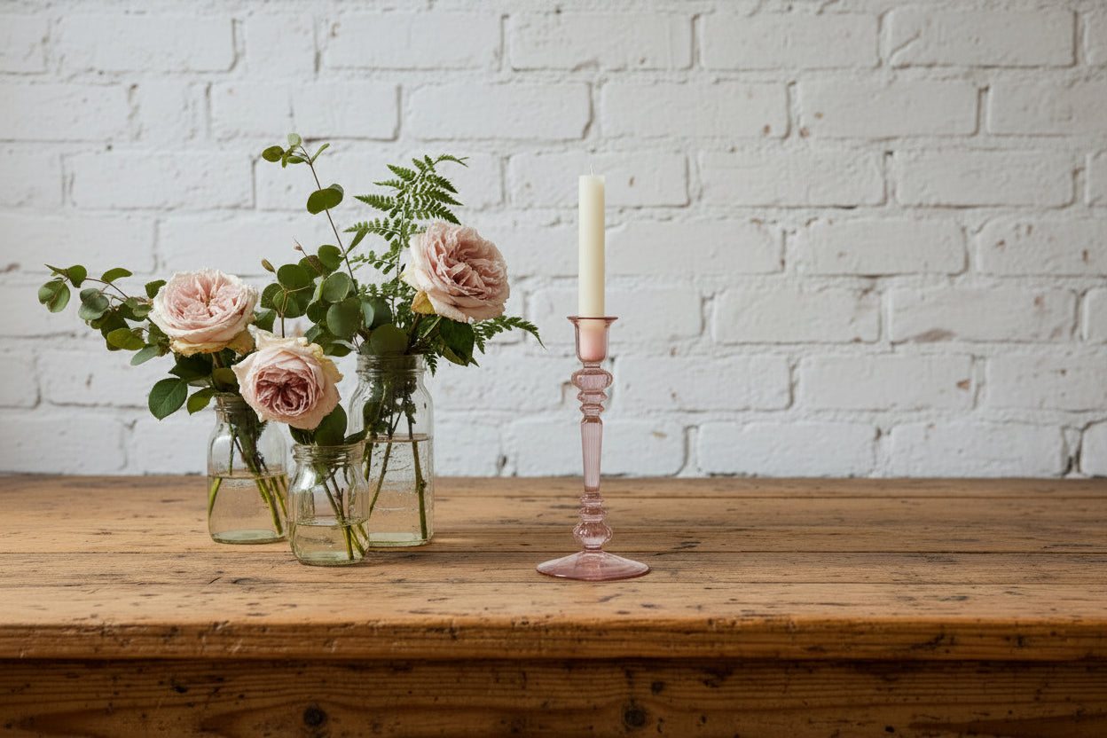 Rose glass candle holder on rustic table next to a cluster of glass jars of antique roses and greenery against white brick wall