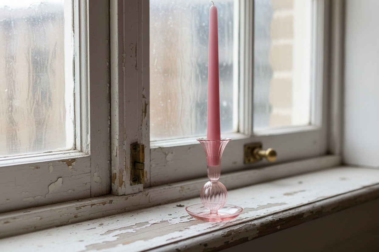 Rose glass candle holder with tray on old painted sash window sill