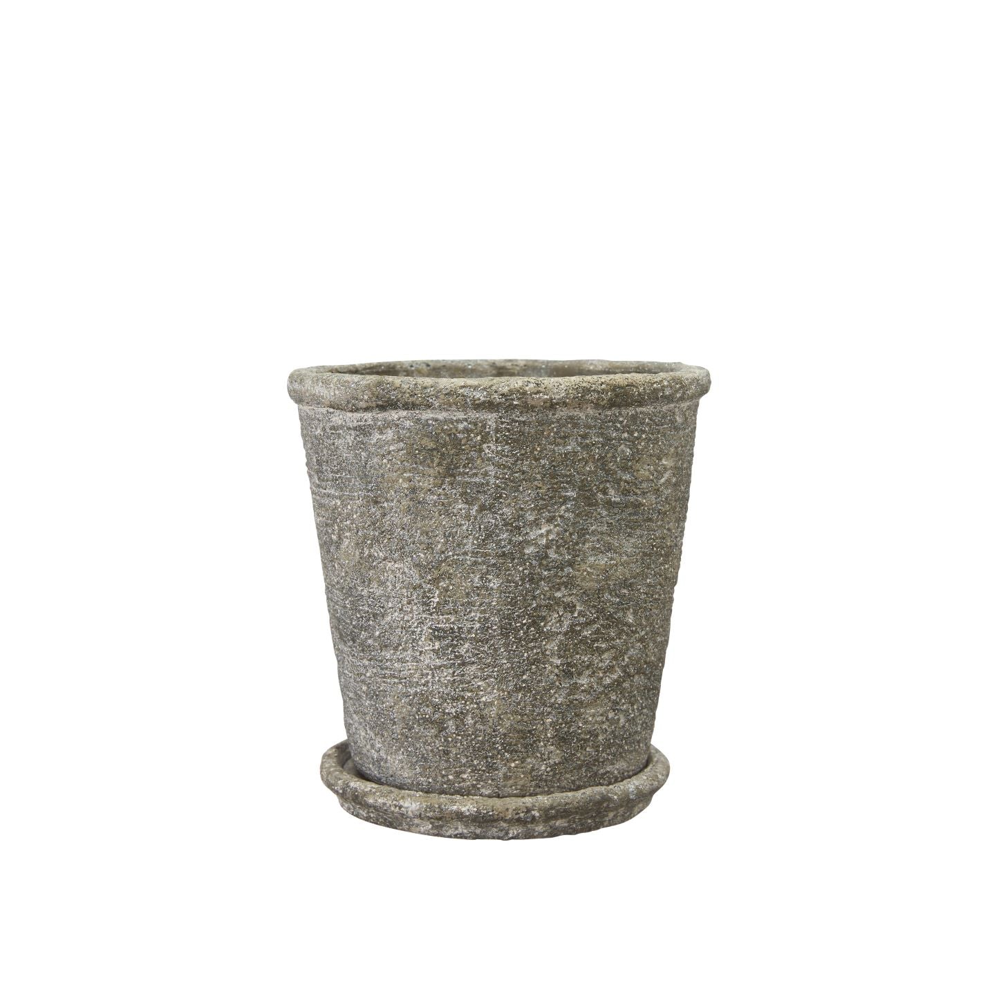 Antique grey concrete pot with saucer on white background