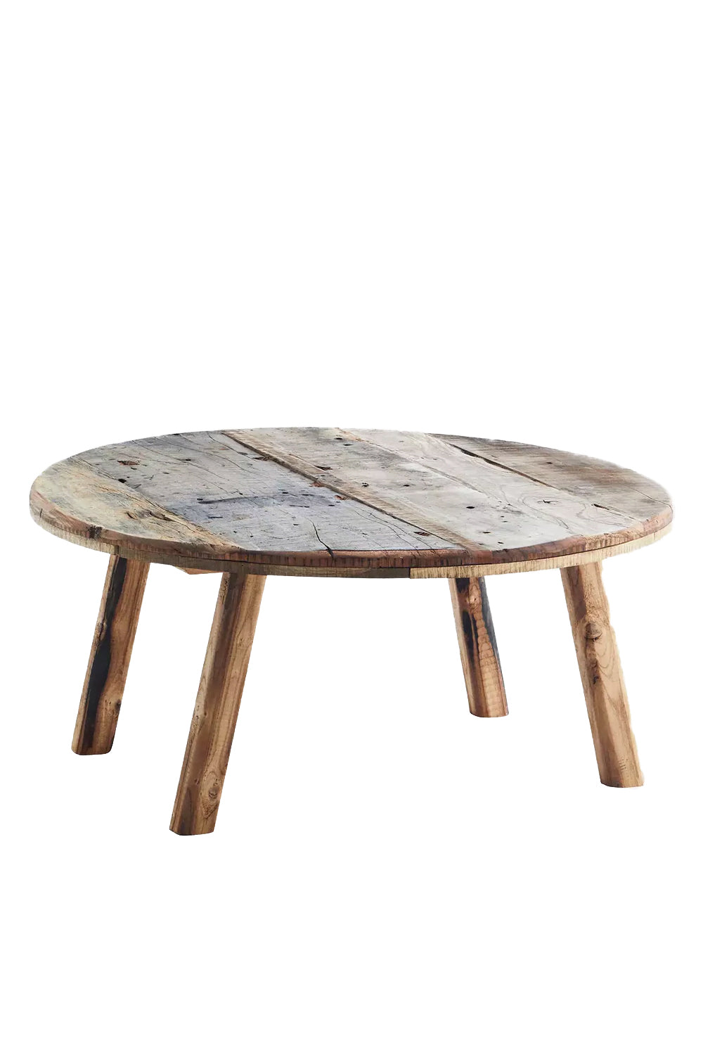 A reclaimed wood coffee table with a natural, rustic appearance, featuring a weathered finish and a central rectangular tabletop with visible wood grain, supported by four wooden legs.