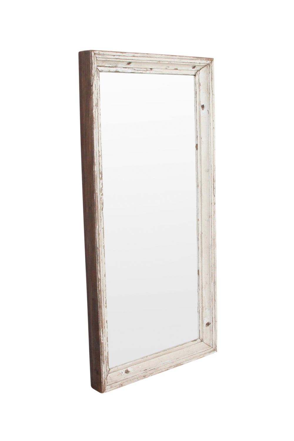 This image features a large reclaimed wood mirror with an off-white frame, showcasing a rustic and unique aesthetic. Crafted in India, the mirror embodies a distinct character and charm, highlighted by its weathered wood texture that adds a layer of rustic elegance to any room.